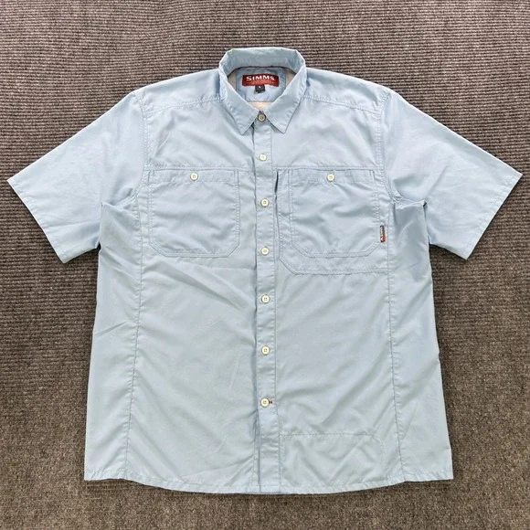 Simms Fishing Products Light Blue Short Sleeve Button Up Shirt Men Large Outdoor - Picture 2 of 15